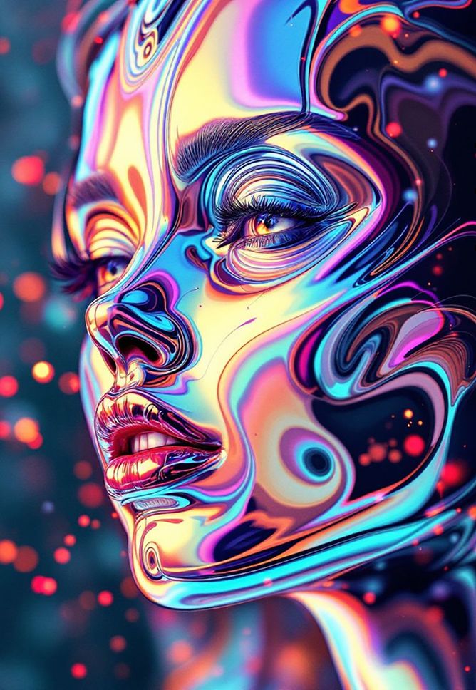 Surreal futuristic abstract portrait style of a woman with vibrant, liquid chrome textures and neon colors blending across her face.