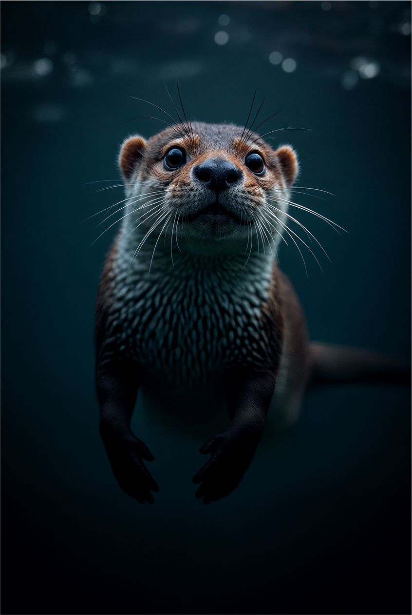 A otter swimming frontal face portrait, National Geographic, elegant, underwater blue background, HD , hyper realistic, portrait, ultra close up.